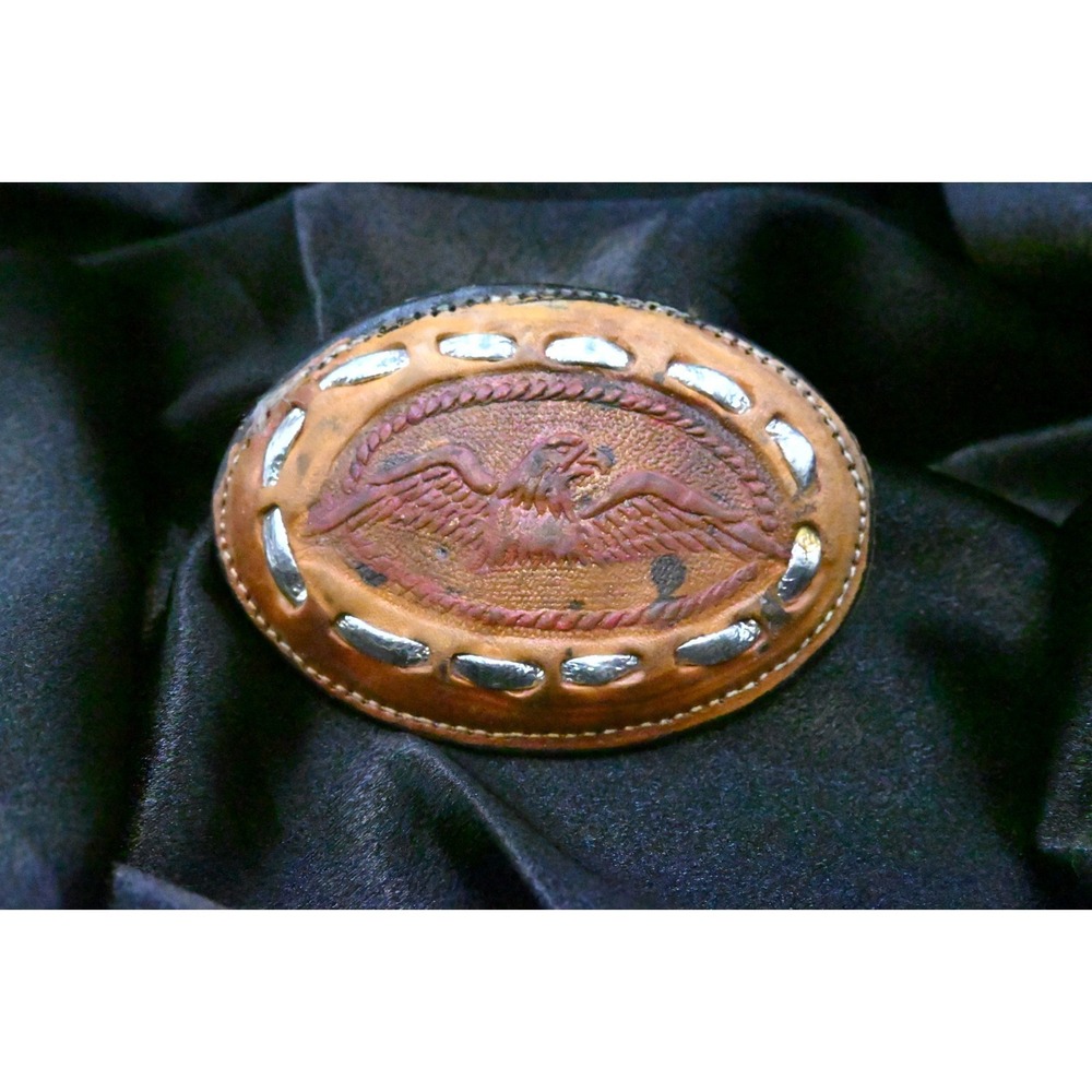 Vintage Western Leather Eagle Belt Buckle Brown Tooled Stitched Oval